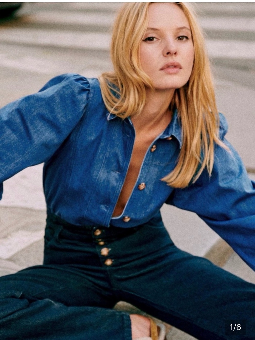 Sezane Denim Button-Front Puff-Sleeve Blouse in Blue